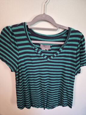 Anthropologie Teal and Black Striped V-Neck Short Sleeve Tee